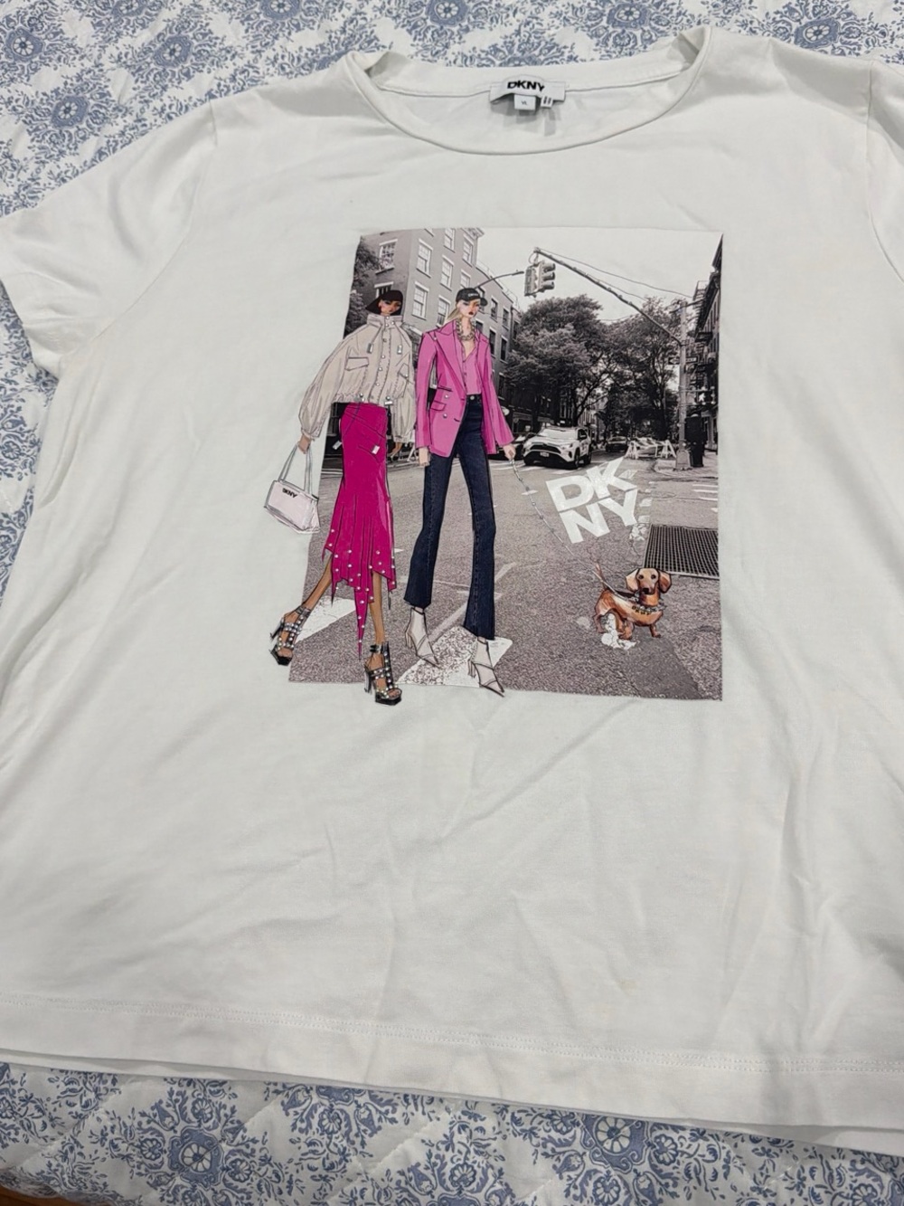 DKNY White Graphic Tee with Pink Fashion Illustration